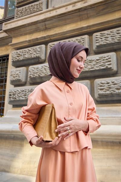 Monogram Pamuk İpek Eşarp Pudra-Somon Tonlu Desenli Tok Duruşlu 90x90