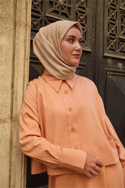 Monogram Pamuk İpek Eşarp Somon Tonlu Desenli Tok Duruşlu 90x90