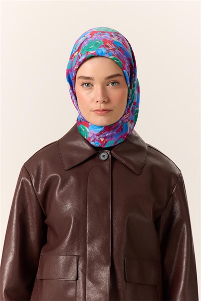 Organik Pamuk İpek Eşarp Fuşya Patina Mavi Çiçek Desenli Tok Duruşlu 90X90