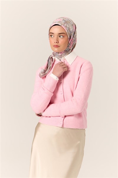 Organik Pamuk İpek Eşarp Pembe Lila Desenli Tok Duruşlu 90X90