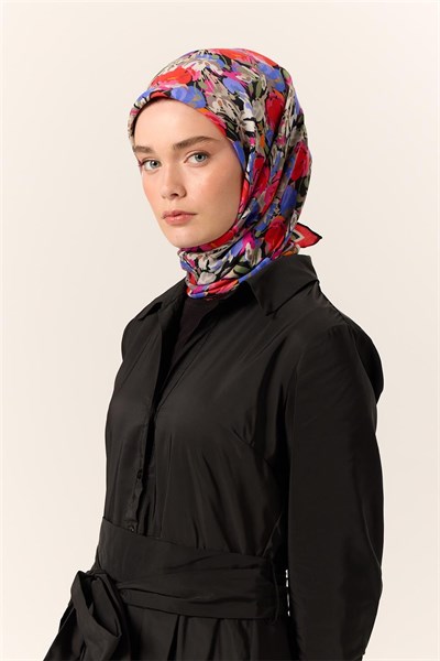 Organik Pamuk İpek Eşarp Siyah-Koyu Gri Mor Çiçek Desenli Tok Duruşlu 90X90