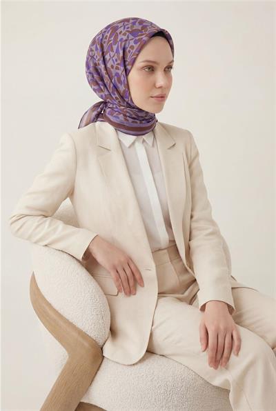 Pamuk Karışımlı Eşarp Lila Retro Geometrik Desenli Soft Dokulu Kaymaz 90x90