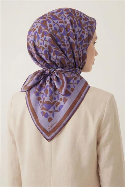 Pamuk Karışımlı Eşarp Lila Retro Geometrik Desenli Soft Dokulu Kaymaz 90x90