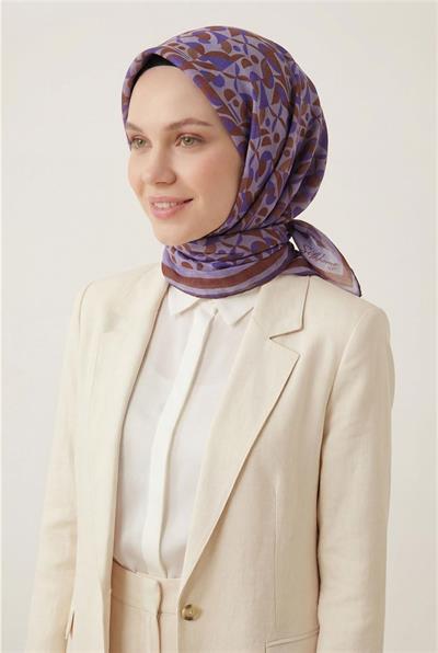 Pamuk Karışımlı Eşarp Lila Retro Geometrik Desenli Soft Dokulu Kaymaz 90x90