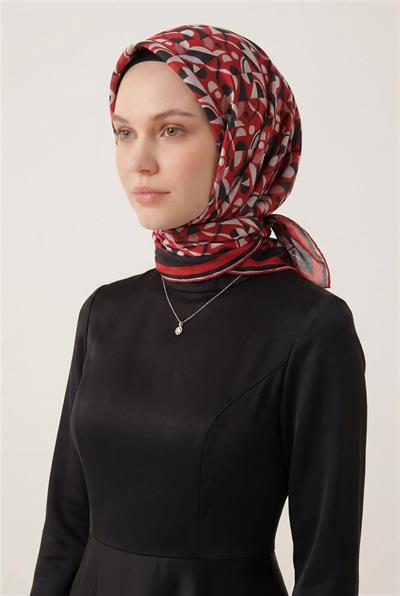 Pamuk Karışımlı Eşarp Mercan Retro Geometrik Desenli Soft Dokulu Kaymaz 90x90