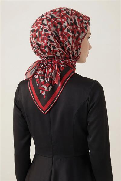 Pamuk Karışımlı Eşarp Mercan Retro Geometrik Desenli Soft Dokulu Kaymaz 90x90
