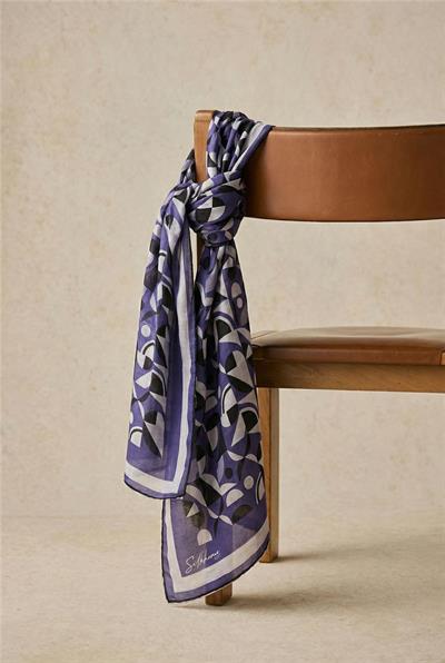 Pamuk Karışımlı Eşarp Mor Retro Geometrik Desenli Soft Dokulu Kaymaz 90x90
