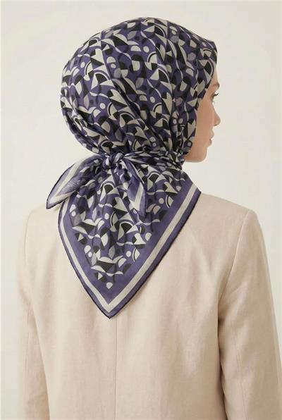 Pamuk Karışımlı Eşarp Mor Retro Geometrik Desenli Soft Dokulu Kaymaz 90x90