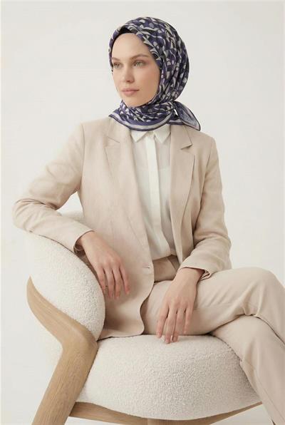 Pamuk Karışımlı Eşarp Mor Retro Geometrik Desenli Soft Dokulu Kaymaz 90x90