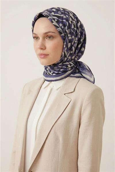 Pamuk Karışımlı Eşarp Mor Retro Geometrik Desenli Soft Dokulu Kaymaz 90x90