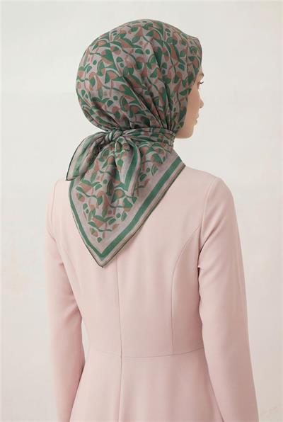 Pamuk Karışımlı Eşarp Pudra Retro Geometrik Desenli Soft Dokulu Kaymaz 90x90