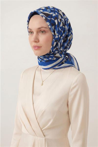 Pamuk Karışımlı Eşarp Saks Retro Geometrik Desenli Soft Dokulu Kaymaz 90x90