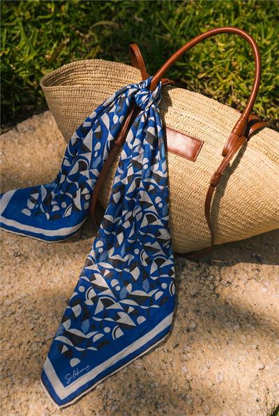 Pamuk Karışımlı Eşarp Saks Retro Geometrik Desenli Soft Dokulu Kaymaz 90x90