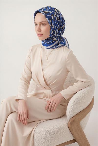 Pamuk Karışımlı Eşarp Saks Retro Geometrik Desenli Soft Dokulu Kaymaz 90x90