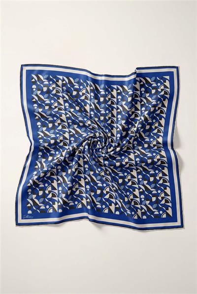Pamuk Karışımlı Eşarp Saks Retro Geometrik Desenli Soft Dokulu Kaymaz 90x90