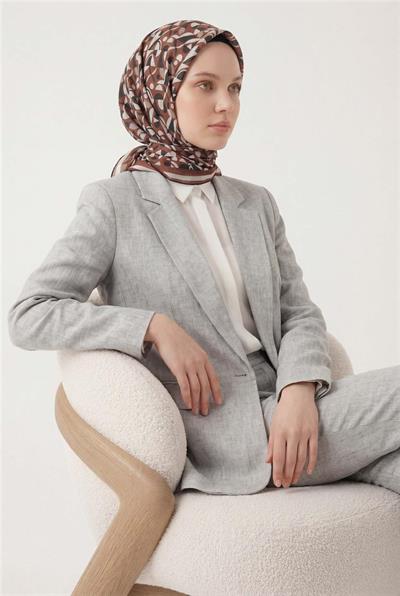 Pamuk Karışımlı Eşarp Taba Retro Geometrik Desenli Soft Dokulu Kaymaz 90x90