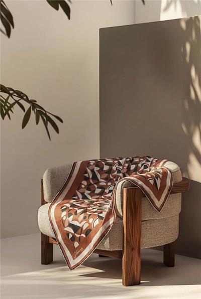 Pamuk Karışımlı Eşarp Taba Retro Geometrik Desenli Soft Dokulu Kaymaz 90x90