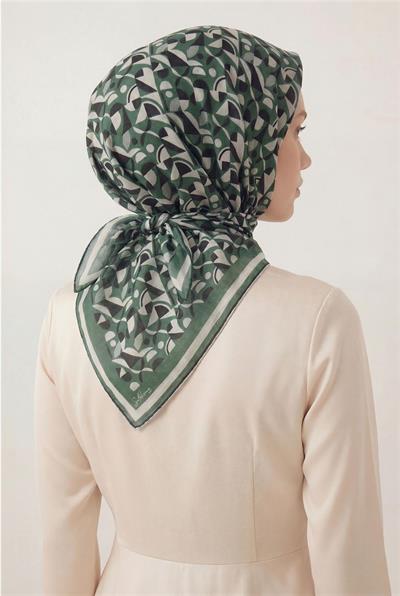 Pamuk Karışımlı Eşarp Yeşil Retro Geometrik Desenli Soft Dokulu Kaymaz 90x90