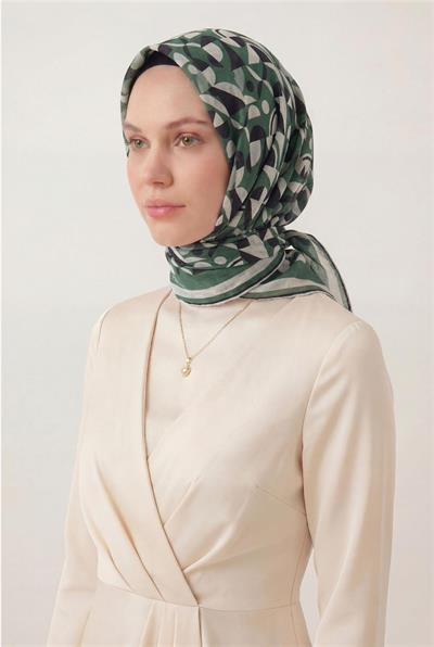 Pamuk Karışımlı Eşarp Yeşil Retro Geometrik Desenli Soft Dokulu Kaymaz 90x90