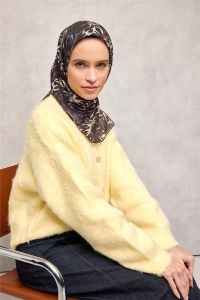 Pamuk Polyester Eşarp Siyah-Antrasit Bej Yeşil Botanik Desenli Soft Dokulu Tok Duruşlu 90x90