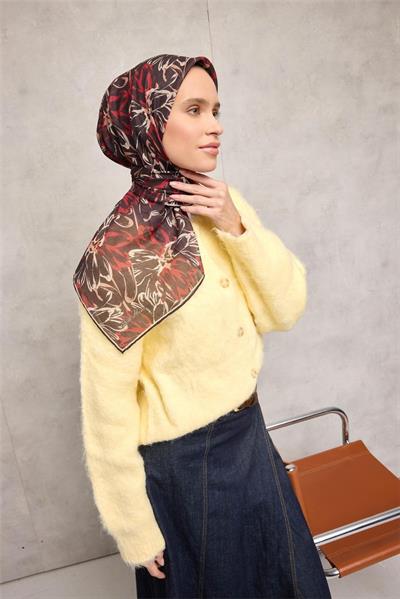 Pamuk Polyester Eşarp Siyah-Bordo Bej Kavuniçi Botanik Desenli Soft Dokulu Tok Duruşlu 90x90