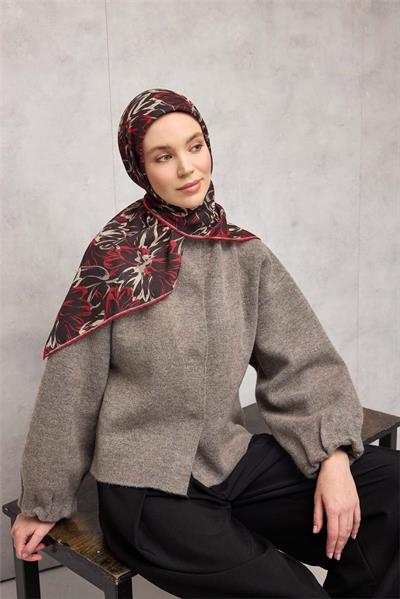 Pamuk Polyester Eşarp Siyah-Kırmızı Bej Vizon Botanik Desenli Soft Dokulu Tok Duruşlu 90x90