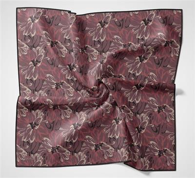 Pamuk Polyester Eşarp Vişne-Krem Siyah Narçiçeği Botanik Desenli Soft Dokulu Tok Duruşlu 90x90