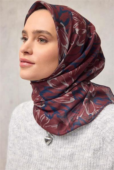 Pamuk Polyester Eşarp Kiremit-Bordo Taş Lacivert Siyah Botanik Desenli Soft Dokulu Tok Duruşlu 90x90