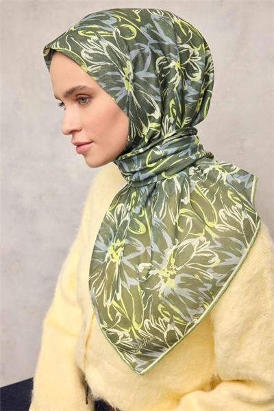 Pamuk Polyester Eşarp Yeşil-Fosfor Sarı Gri Krem Botanik Desenli Soft Dokulu Tok Duruşlu 90x90