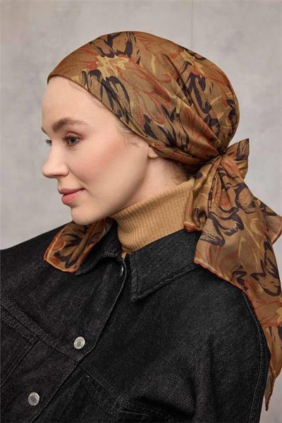 Pamuk Polyester Soft Eşarp Olive Botanik Desenli Tok Duruşlu 90x90