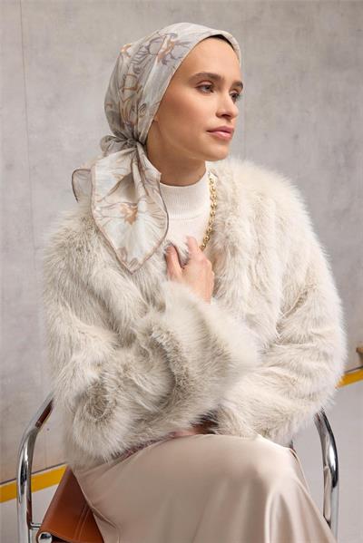 Pamuk Polyester Soft Eşarp Bej Botanik Desenli Tok Duruşlu 90x90