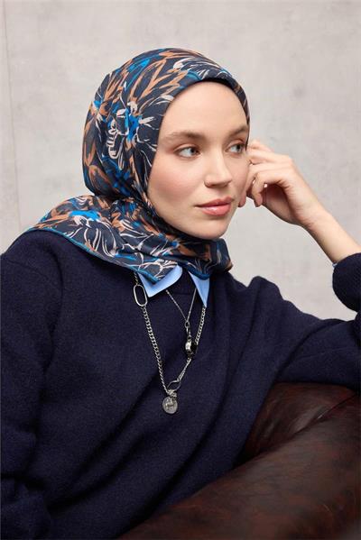 Pamuk Polyester Eşarp Koyu Lacivert-Mavi Krem Turuncu Botanik Desenli Soft Dokulu Tok Duruşlu 90x90