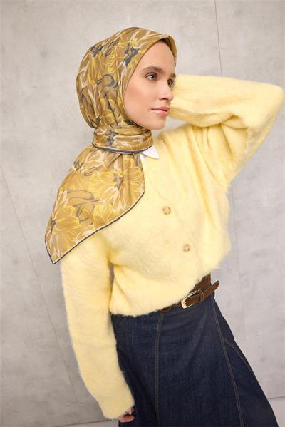 Pamuk Polyester Soft Eşarp Asit Botanik Desenli Tok Duruşlu 90x90