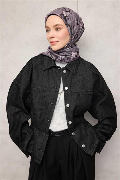 Pamuk Polyester Soft Eşarp Soluk Mor Botanik Desenli Kaymaz Dokulu Tok Duruşlu 90x90