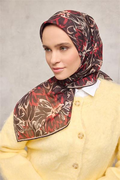 Pamuk Polyester Eşarp Siyah-Bordo Bej Kavuniçi Botanik Desenli Soft Dokulu Tok Duruşlu 90x90