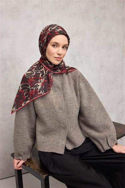 Pamuk Polyester Eşarp Siyah-Kırmızı Bej Vizon Botanik Desenli Soft Dokulu Tok Duruşlu 90x90
