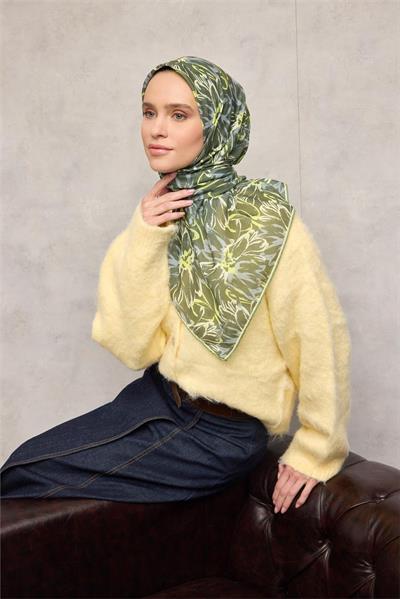 Pamuk Polyester Eşarp Yeşil-Fosfor Sarı Gri Krem Botanik Desenli Soft Dokulu Tok Duruşlu 90x90