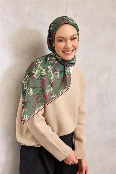 Pamuk Polyester Eşarp Çimen Yeşili-Fuşya Bej Siyah Botanik Desenli Soft Dokulu Tok Duruşlu 90x90