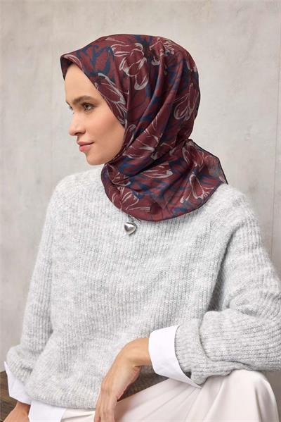 Pamuk Polyester Eşarp Kiremit-Bordo Taş Lacivert Siyah Botanik Desenli Soft Dokulu Tok Duruşlu 90x90