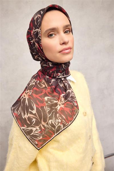 Pamuk Polyester Eşarp Siyah-Bordo Bej Kavuniçi Botanik Desenli Soft Dokulu Tok Duruşlu 90x90