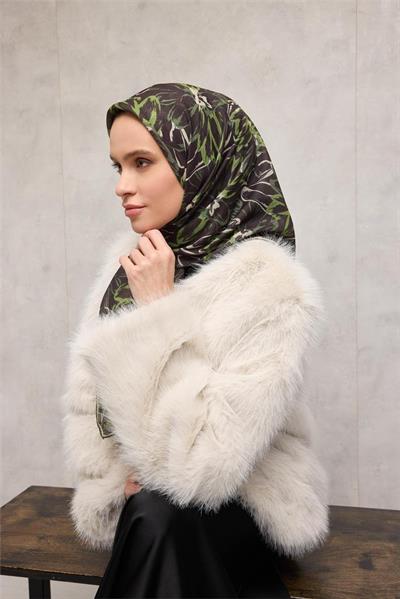 Pamuk Polyester Eşarp Siyah-Haki Yeşil Bej Botanik Desenli Soft Dokulu Tok Duruşlu 90x90