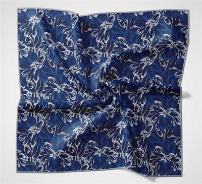 Pamuk Polyester Eşarp Gece Mavisi-Beyaz Saks Taş Botanik Desenli Soft Dokulu Tok Duruşlu 90x90