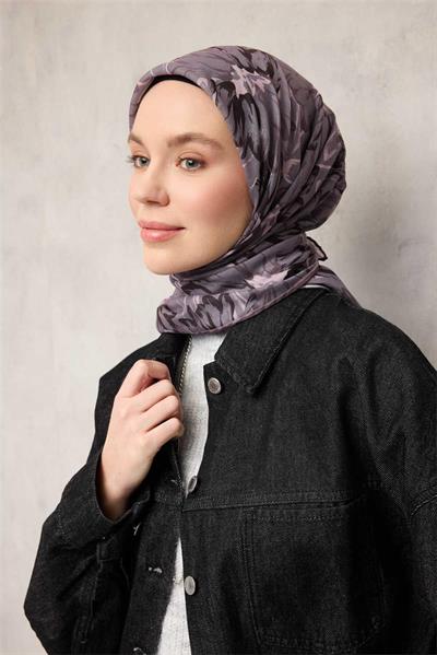 Pamuk Polyester Soft Eşarp Soluk Mor Botanik Desenli Kaymaz Dokulu Tok Duruşlu 90x90
