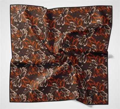 Pamuk Polyester Eşarp Kahverengi-Turuncu Bej Siyah Botanik Desenli Soft Dokulu Tok Duruşlu 90x90