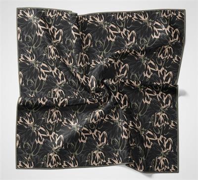 Pamuk Polyester Eşarp Siyah-Antrasit Bej Yeşil Botanik Desenli Soft Dokulu Tok Duruşlu 90x90