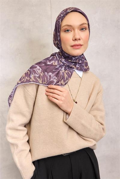 Pamuk Polyester Eşarp Mor-Lila Gold Botanik Desenli Soft Dokulu Tok Duruşlu 90x90