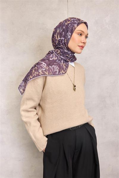 Pamuk Polyester Eşarp Mor-Lila Gold Botanik Desenli Soft Dokulu Tok Duruşlu 90x90