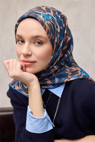 Pamuk Polyester Eşarp Koyu Lacivert-Mavi Krem Turuncu Botanik Desenli Soft Dokulu Tok Duruşlu 90x90