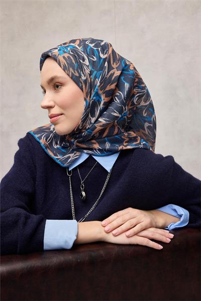 Pamuk Polyester Eşarp Koyu Lacivert-Mavi Krem Turuncu Botanik Desenli Soft Dokulu Tok Duruşlu 90x90