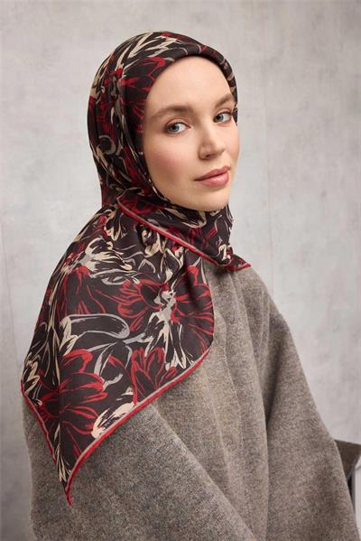 Pamuk Polyester Eşarp Siyah-Kırmızı Bej Vizon Botanik Desenli Soft Dokulu Tok Duruşlu 90x90